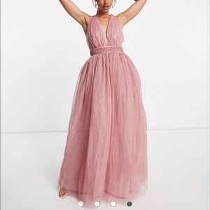 NWT ASOS DESIGN tulle plunge maxi dress with bow back in rose